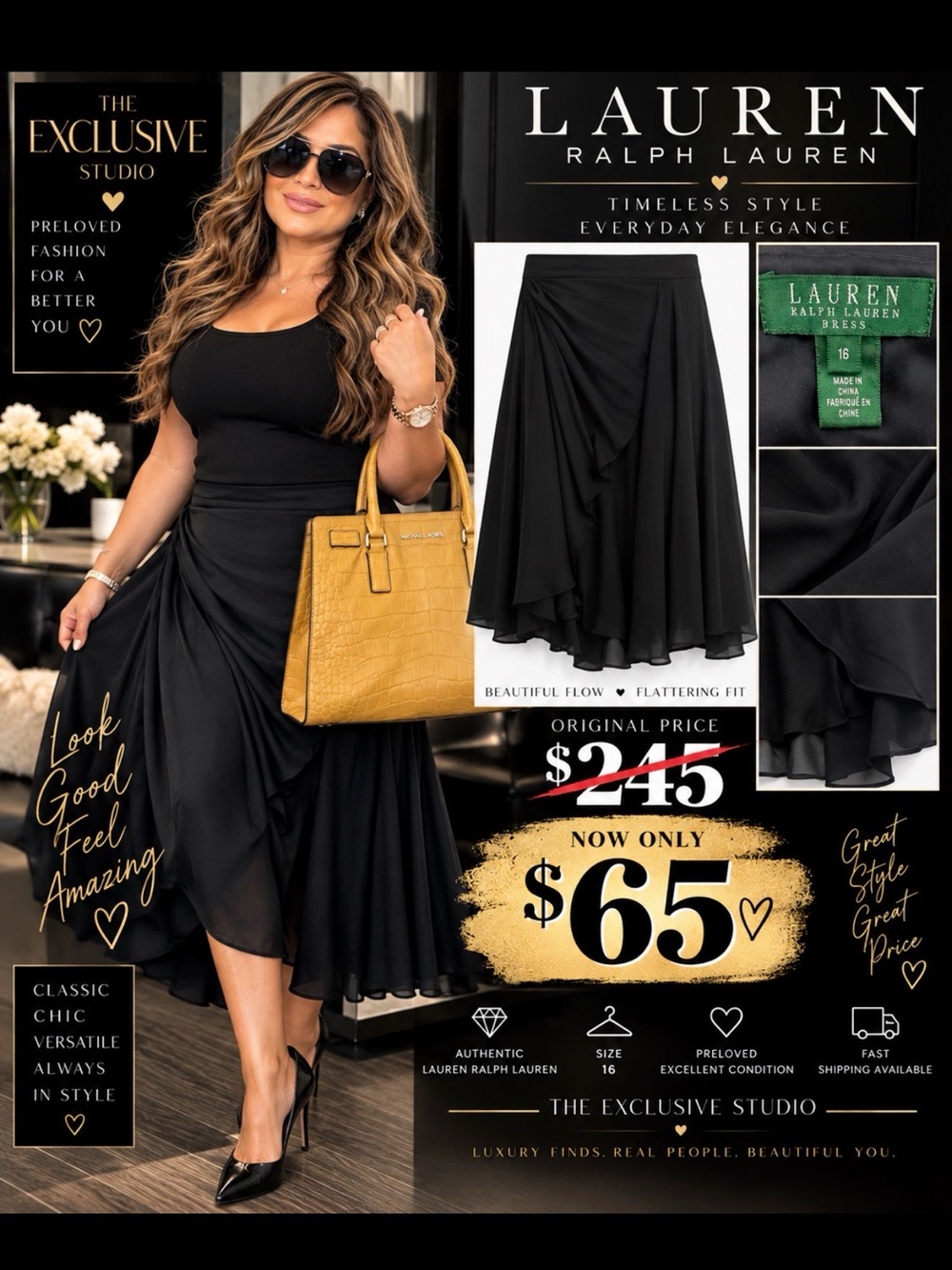 Lauren Ralph Lauren Black Asymmetric Draped High-Low Skirt